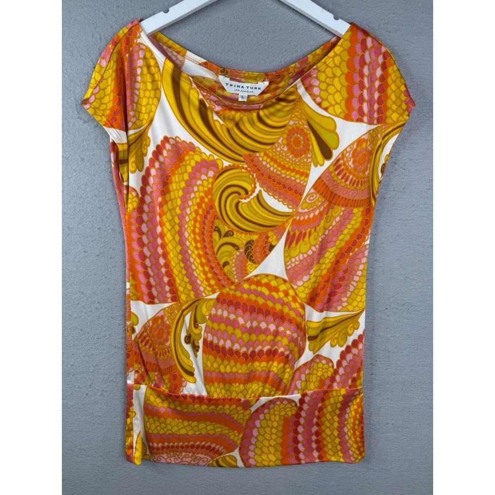 Trina Turk Silk Blouson Top Women L Bold Psychedelic Retro Cap Sleeve Luxury Mod